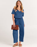 ANRABESS Short Sleeve V Neck Elastic Waist Wide Leg Cropped Pant Jumpsuits Rompers