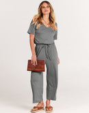 ANRABESS Short Sleeve V Neck Elastic Waist Wide Leg Cropped Pant Jumpsuits Rompers