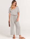 ANRABESS Short Sleeve V Neck Elastic Waist Wide Leg Cropped Pant Jumpsuits Rompers