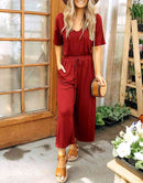 ANRABESS Short Sleeve V Neck Elastic Waist Wide Leg Cropped Pant Jumpsuits Rompers