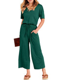 ANRABESS Short Sleeve V Neck Elastic Waist Wide Leg Cropped Pant Jumpsuits Rompers