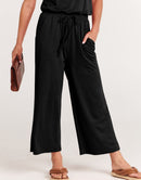 ANRABESS Short Sleeve V Neck Elastic Waist Wide Leg Cropped Pant Jumpsuits Rompers