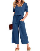 ANRABESS Short Sleeve V Neck Elastic Waist Wide Leg Cropped Pant Jumpsuits Rompers