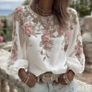 Women's Vintage Pink Rose Embroidery Art Round Neck Long Sleeve Linen Blend T-shirt