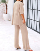 Casual 2-Piece Loose-Fit Short Sleeve Top & Wide-Leg Pants Set with Pockets