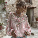 Women's Vintage Pink Flower Embroidery Art Round Neck Long Sleeve Linen Blend T-shirt