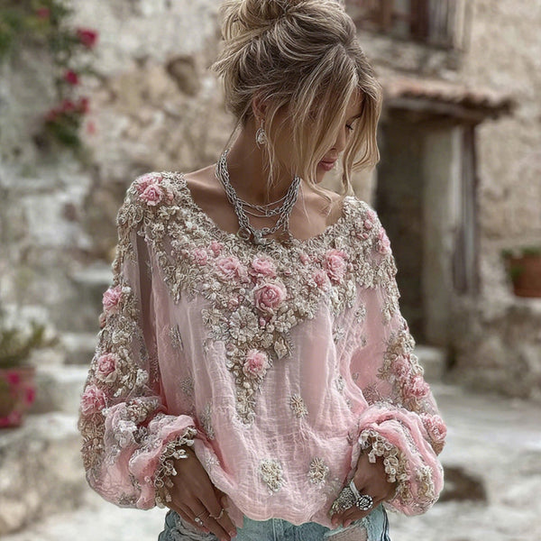 Women's Vintage Pink Flower Embroidery Art Round Neck Long Sleeve Linen Blend T-shirt