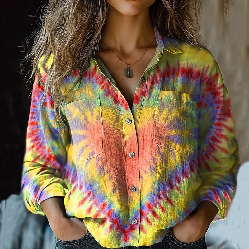 Women's Retro Colorful Heart Tie-dye Print Shirt