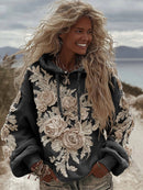 Women's Classic Romantic White Rose Embroidery Art Comfy Hoodie