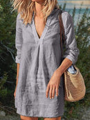 Casual V-Neck Cotton and Linen Dress