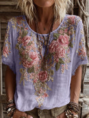 Women's Pink Rose Embroidery Art Round Neck Short Sleeve Linen Blend T-shirt