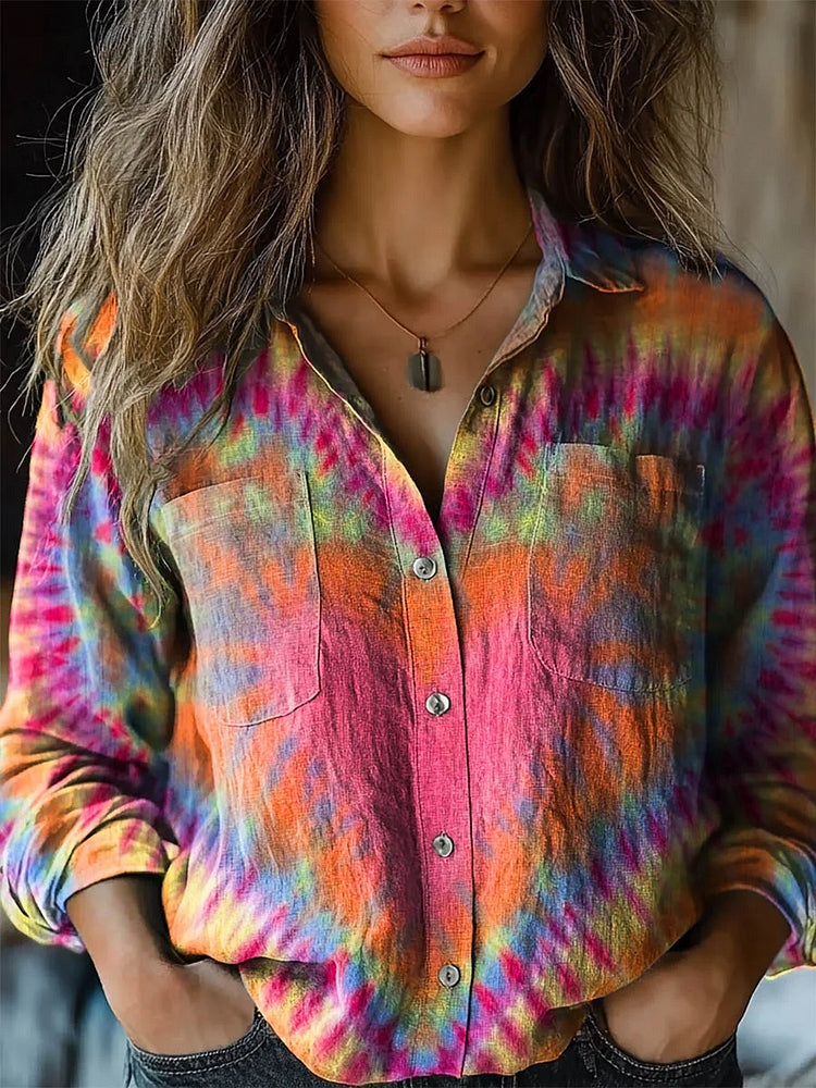 Women's Retro Colorful Heart Tie-dye Print Shirt