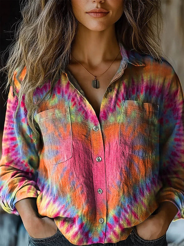 Women's Retro Colorful Heart Tie-dye Print Shirt