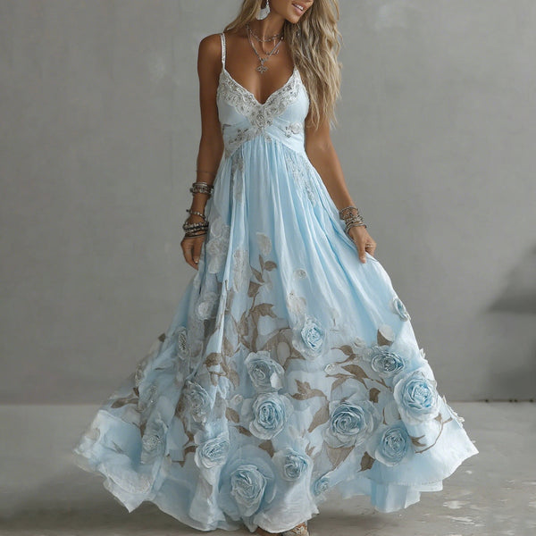 Women's Vintage Rose Embroidery Art V-neck Suspender Maxi Dress