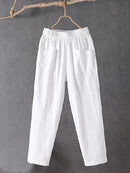 Women's Pockets Design Linen Blend Elastic Waist Pants