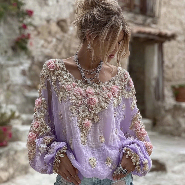 Women's Vintage Pink Flower Embroidery Art Round Neck Long Sleeve Linen Blend T-shirt