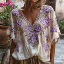 Bohemian-style Pink Floral Embroidery V-neck Short-sleeved Shirt With Sequins