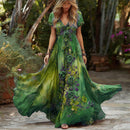 Women's Retro Rose Floral Gradient Pattern V-neck Short Sleeve Dress