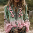 Vintage Classy Gradient Purple Pansy Embroidered Art Linen Long Sleeve Blouse