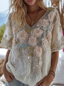Bohemian White Rose Rhinestone V-neck Loose Retro Short-sleeve T-shirt