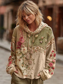 Women's Floral Embroidery Color Block Boho Casual Hooded Sweatshirt