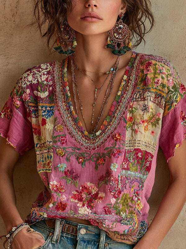 Women's Bohemian Floral Embroidery Art V-neck Linen Blend T-shirt