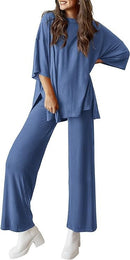 Casual 2-Piece Loose-Fit Short Sleeve Top & Wide-Leg Pants Set with Pockets