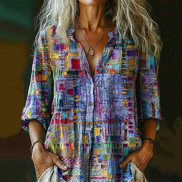 Women's Retro Ethnic Style Patchwork Art Print Casual Cotton And Linen Shirt