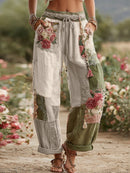 Love & Health Collection Retro Rose And Floral Patchwork Art Linen Pants