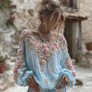 Women's Vintage Pink Flower Embroidery Art Round Neck Long Sleeve Linen Blend T-shirt