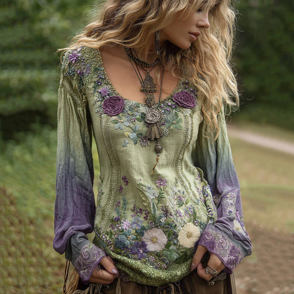Classy Gradient Purple Lavender And Floral Embroidered Linen Long Sleeve Shirt