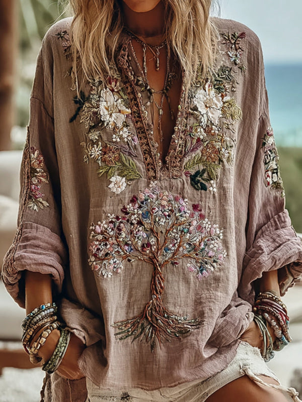 Women's Tribal Tree Of Life Floral Art Casual Shirt