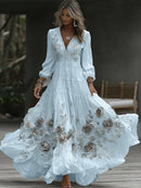Women's Vintage Rose Embroidery Art V-neck Casual Long Sleeve Maxi Dress