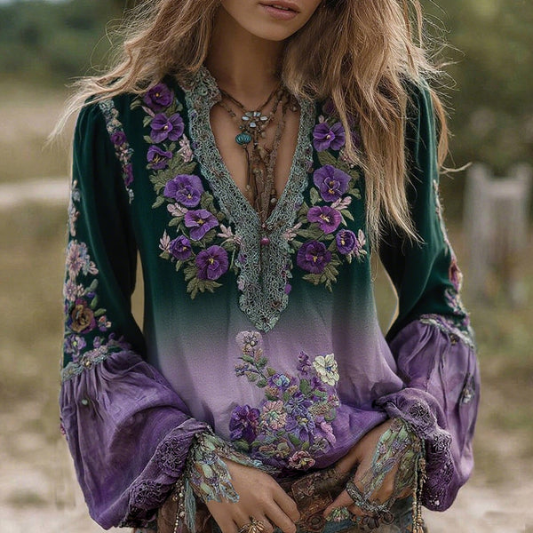 Vintage Classy Gradient Purple Pansy Embroidered Art Linen Long Sleeve Blouse