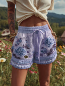 Women's Patchwork Rose Floral Contrast Drawstring Shorts