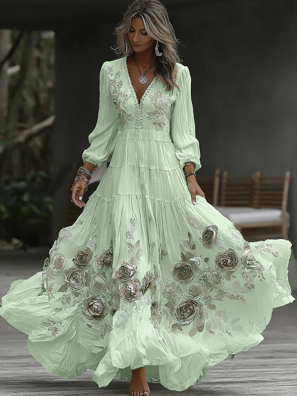 Women's Vintage Rose Embroidery Art V-neck Casual Long Sleeve Maxi Dress