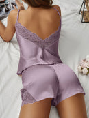 🧚Women Satin Pajama Set Sexy V Neck Backless Lace Sleepwear