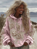 Women's Classic Romantic White Rose Embroidery Art Comfy Hoodie