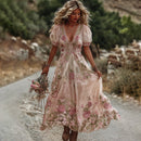 Women's Vintage Rose Embroidery Art Comfy Linen Maxi Dress