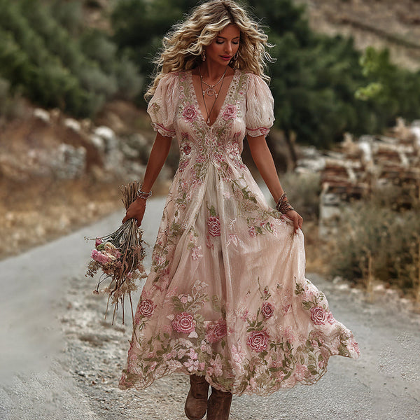 Women's Vintage Rose Embroidery Art Comfy Linen Maxi Dress