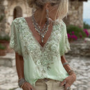 Women's Floral Embroidered Art V-neck Short Sleeved Linen Blend T-shirt